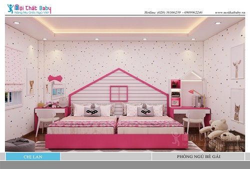 Thiết kế phòng ngủ giường đôi bé gái màu hồng dễ thương nhà chị Lan